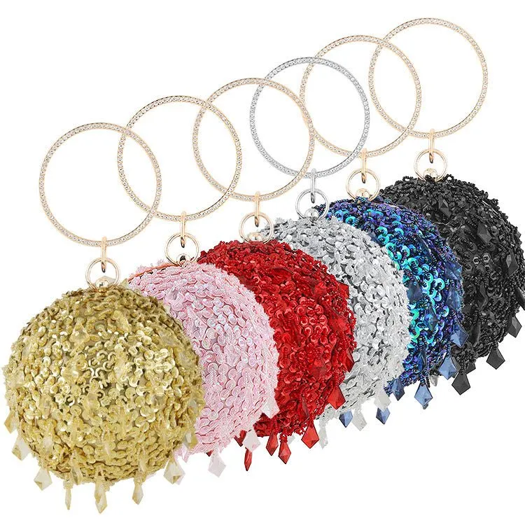 Luxy Moon Round Sequins Vintage Clutch With Handle