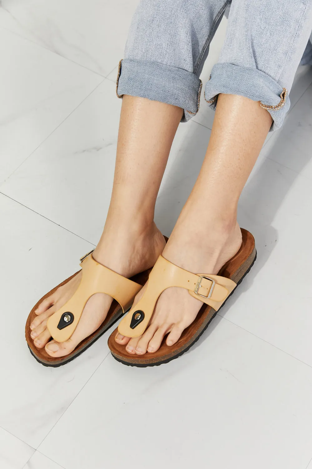 MMShoes T-Strap Flip-Flop Slide On Flat Cork Footbed Comfort Sandals in Sand Drift Away