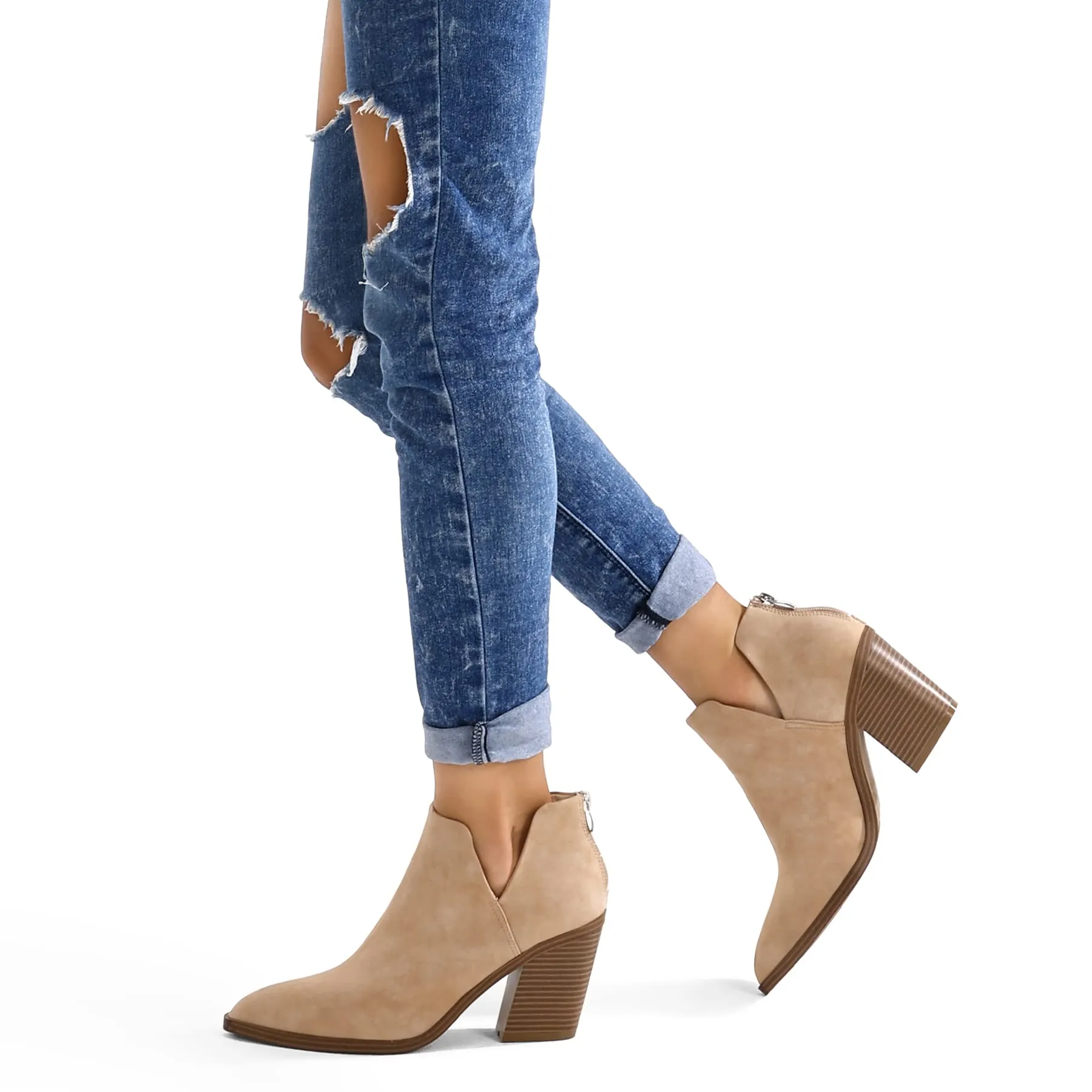 mysoft Women's Ankle Boots Slip on Cutout Pointed Toe Chunky Stacked Mid Heel Booties