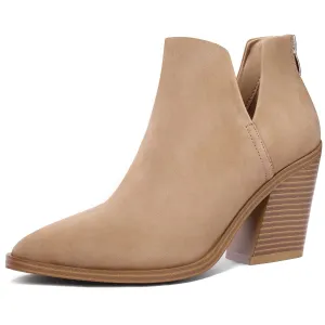 mysoft Women's Ankle Boots Slip on Cutout Pointed Toe Chunky Stacked Mid Heel Booties
