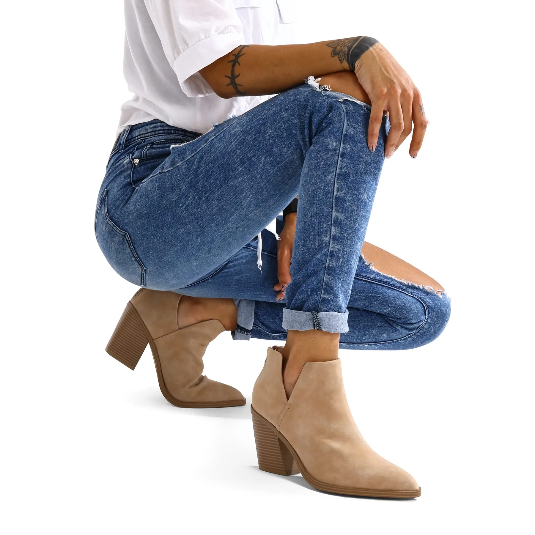 mysoft Women's Ankle Boots Slip on Cutout Pointed Toe Chunky Stacked Mid Heel Booties
