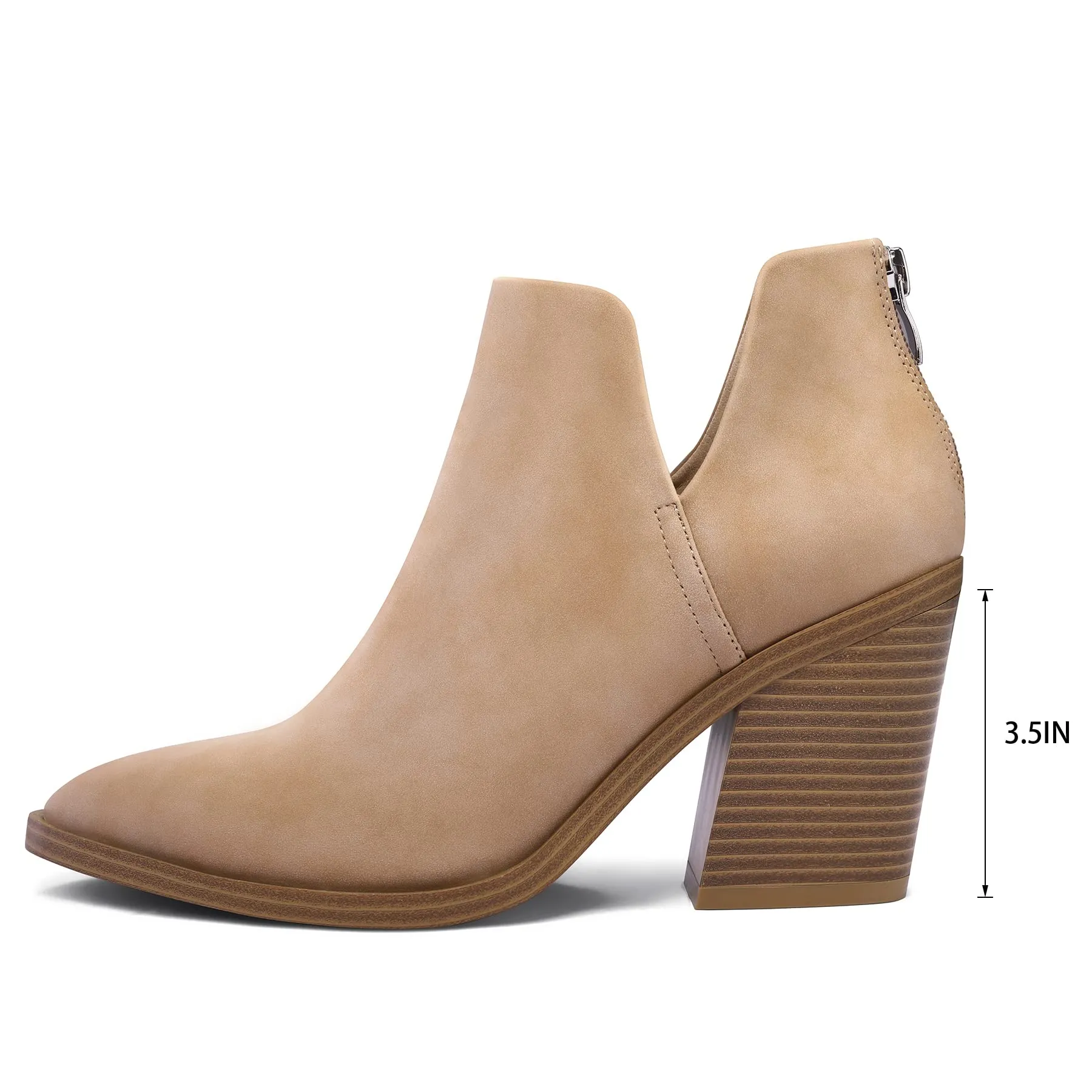 mysoft Women's Ankle Boots Slip on Cutout Pointed Toe Chunky Stacked Mid Heel Booties