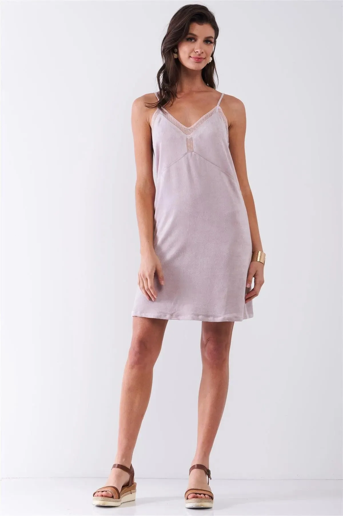 Pastel Mauve Suede Sleeveless Lace Trim V-Neck Mini Dress /1-2-2-1