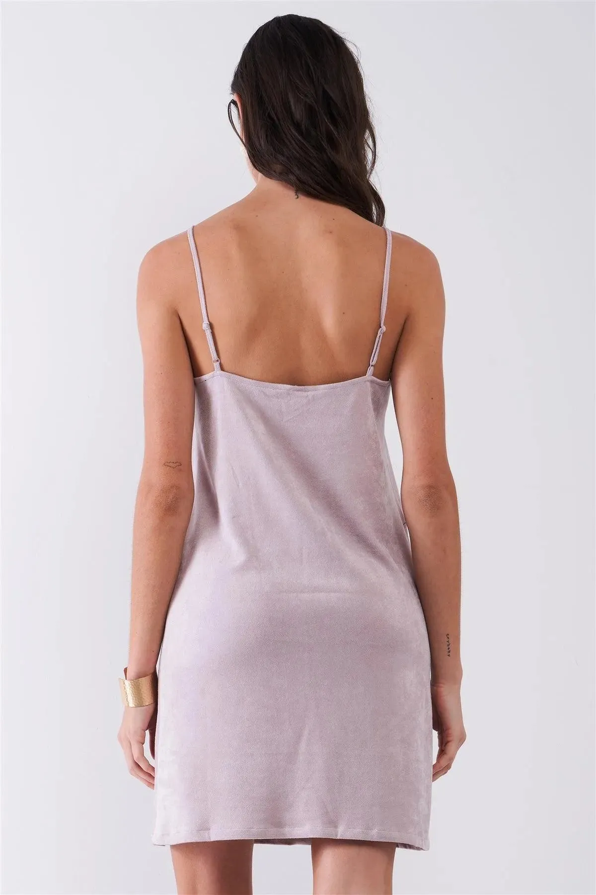Pastel Mauve Suede Sleeveless Lace Trim V-Neck Mini Dress /1-2-2-1