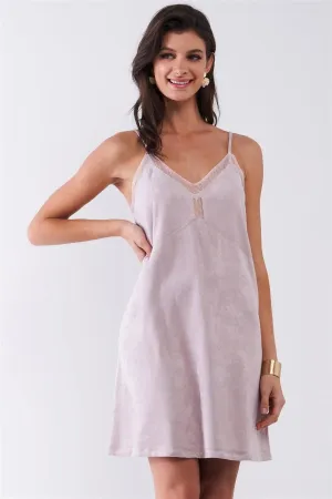 Pastel Mauve Suede Sleeveless Lace Trim V-Neck Mini Dress /1-2-2-1