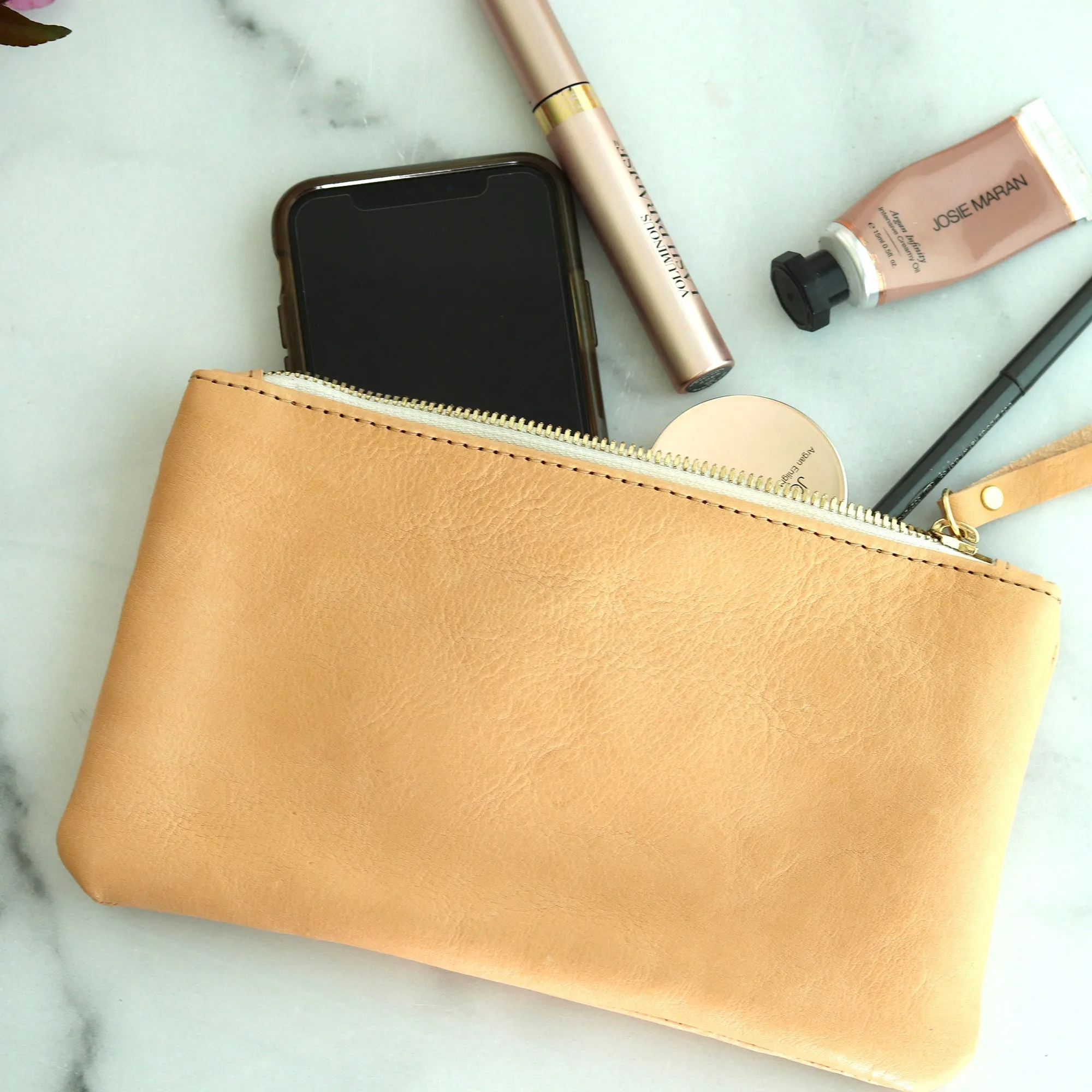 Personalized Leather Zip Clutch - Honey Brown Pull Up