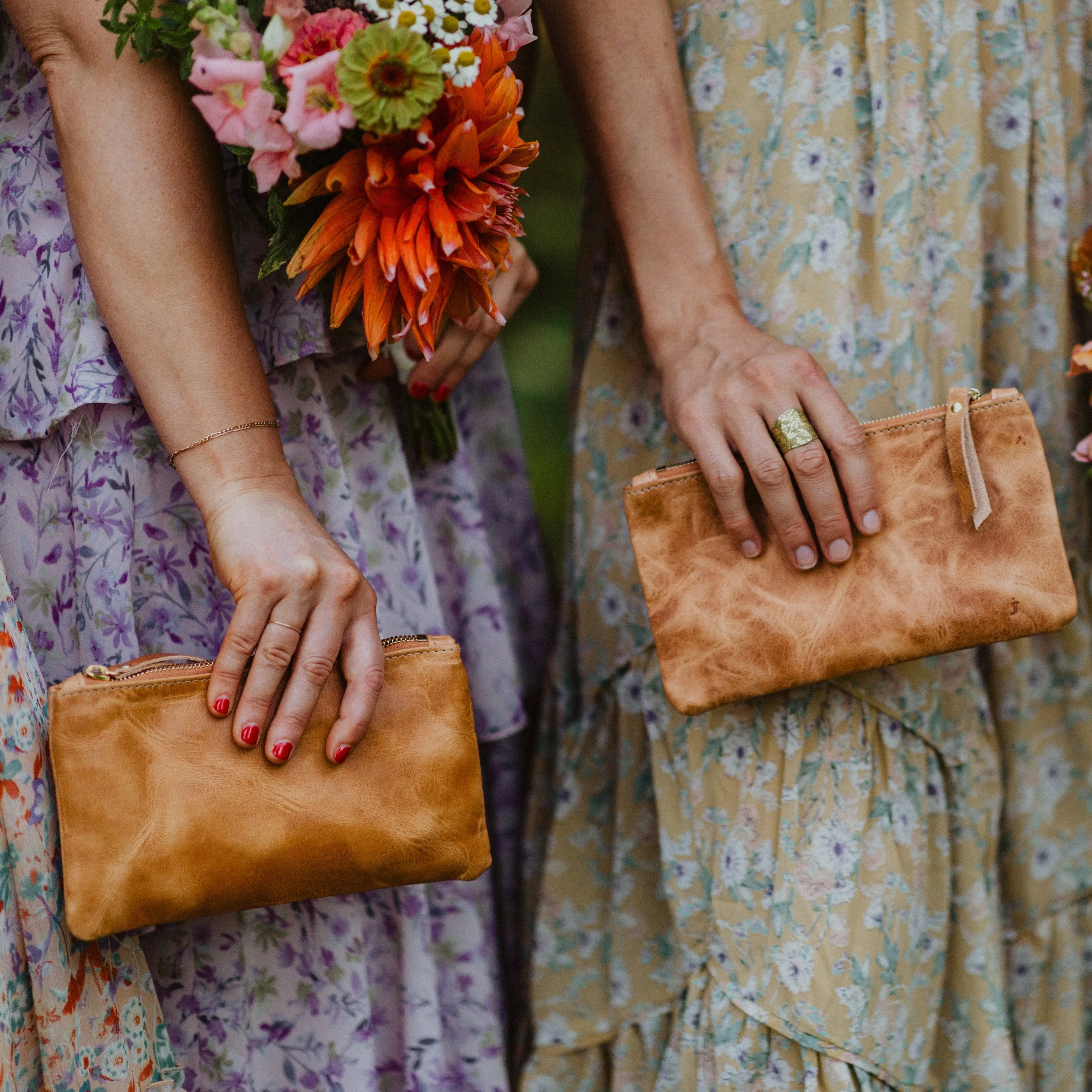 Personalized Leather Zip Clutch - Honey Brown Pull Up