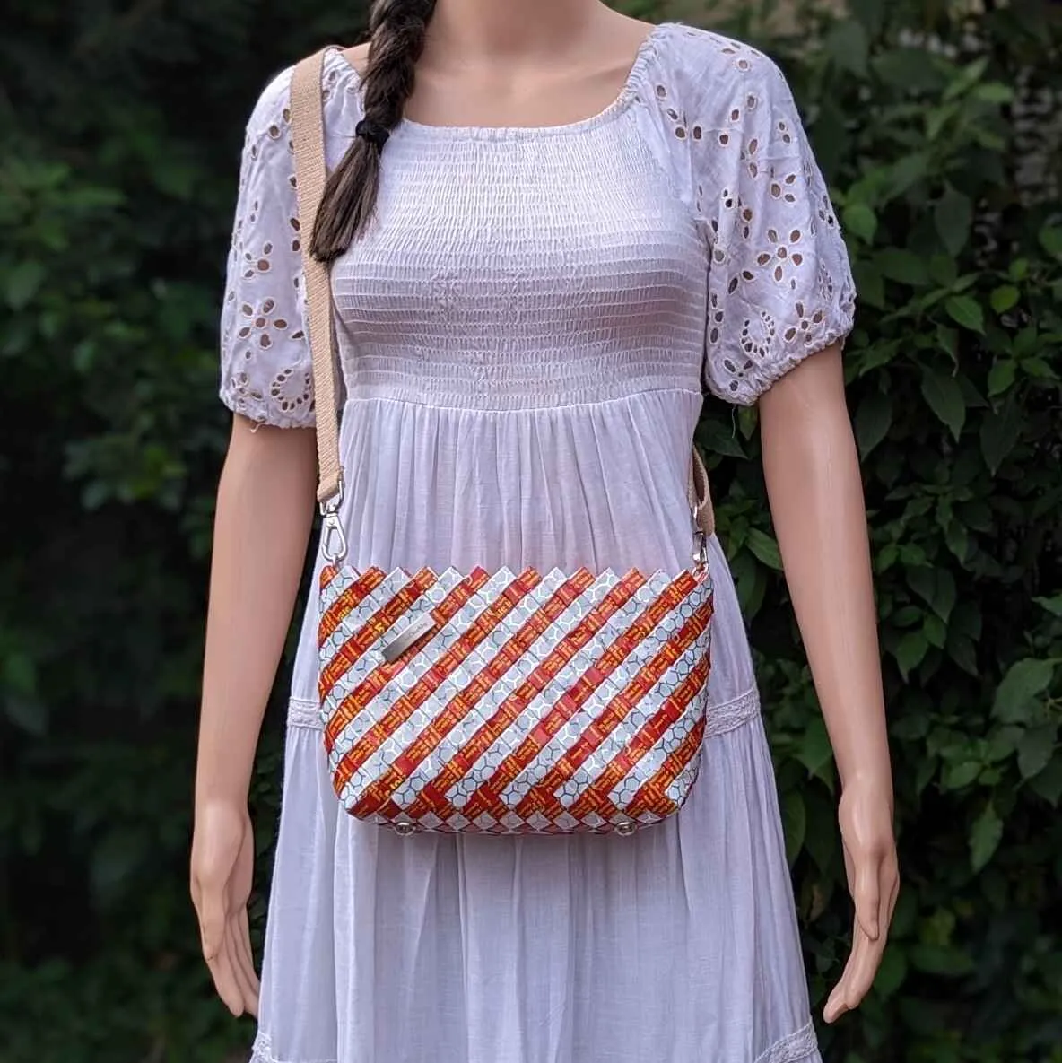 Red White Upcycled Origami Handcrafted Basketry Sling (NBB0824-008) PS_W