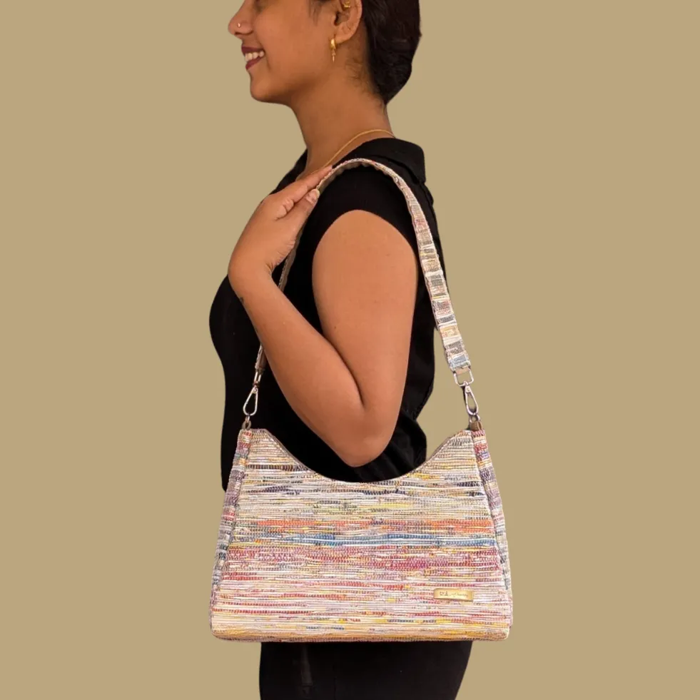 Shimmery Multicolored Upcycled Handwoven Baguette Bag (BTB0125-001) PS_W