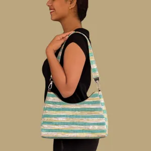 Shimmery Silver Green Striped Upcycled Handwoven Baguette Bag (BTB0125-008) PS_W