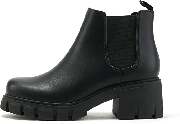Soda Pioneer Black Lug Sole Elastic Gore Chelsea Fashion Wide Ankle Boots