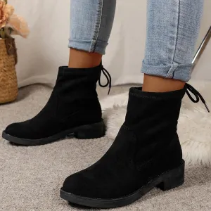 Sohiwoo Vintage Block Heeled Ankle Boots Women Back Lace Up Plus Size Short Booties Woman New Trend Solid Color Female Botas Mujer