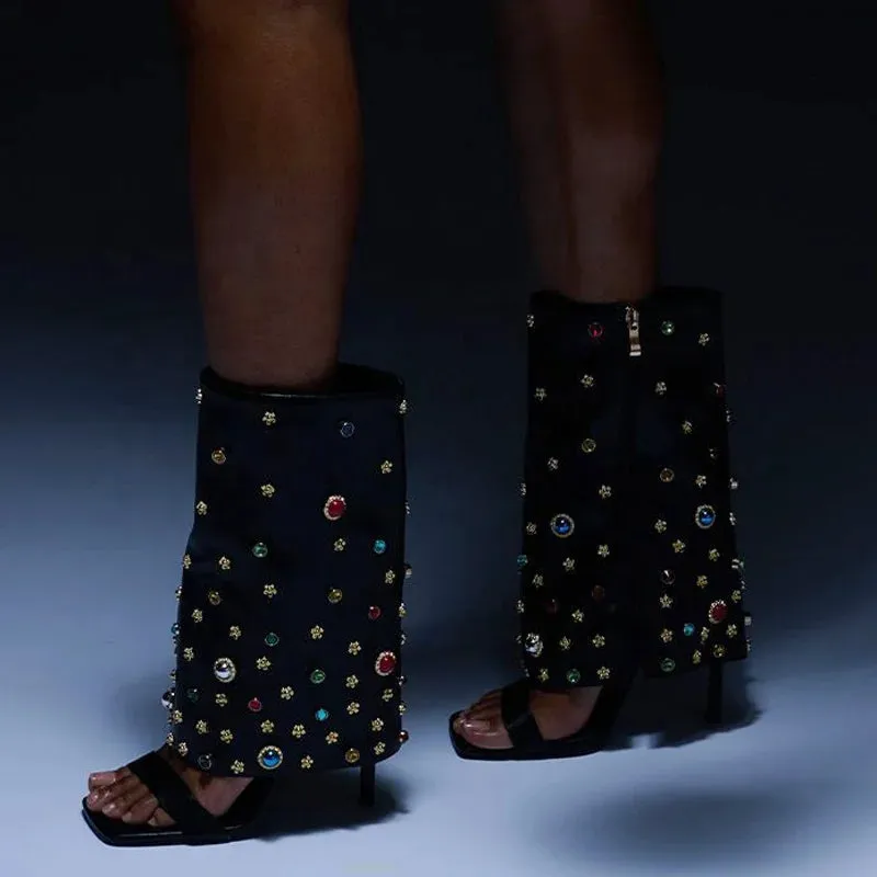 Trend4us Embellished Overlay Heeled Booties