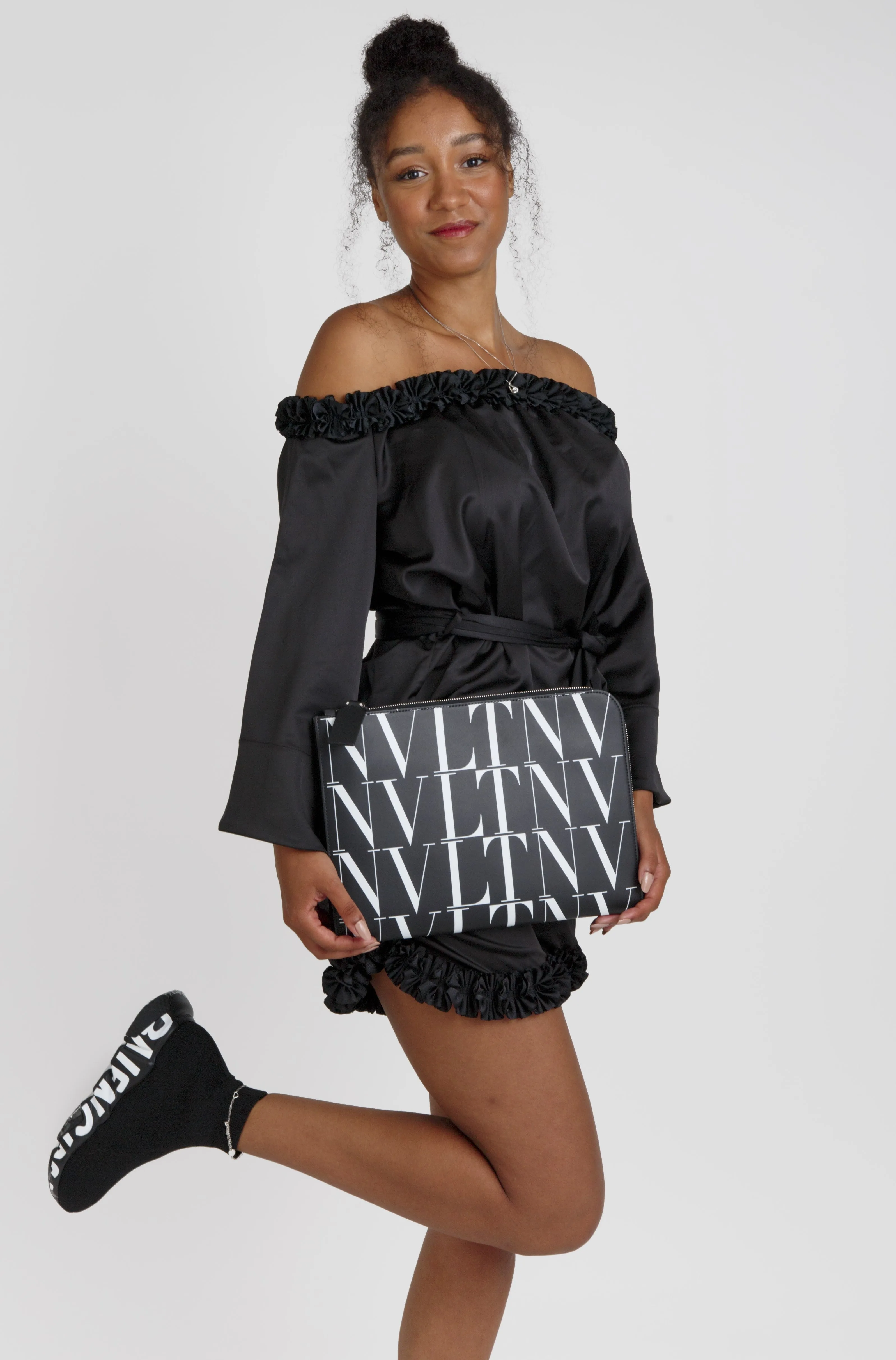 VALENTINO GARAVANI  Black & White Logo Text Pouch Bag