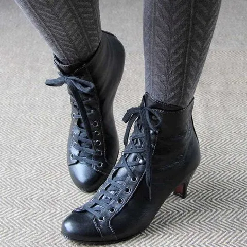 Women Fashion Elegant Kitten Heel Lace Up Heeled Booties