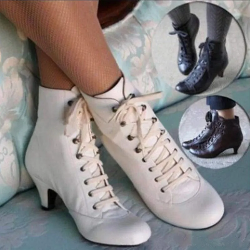 Women Fashion Elegant Kitten Heel Lace Up Heeled Booties