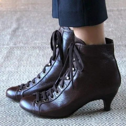 Women Fashion Elegant Kitten Heel Lace Up Heeled Booties
