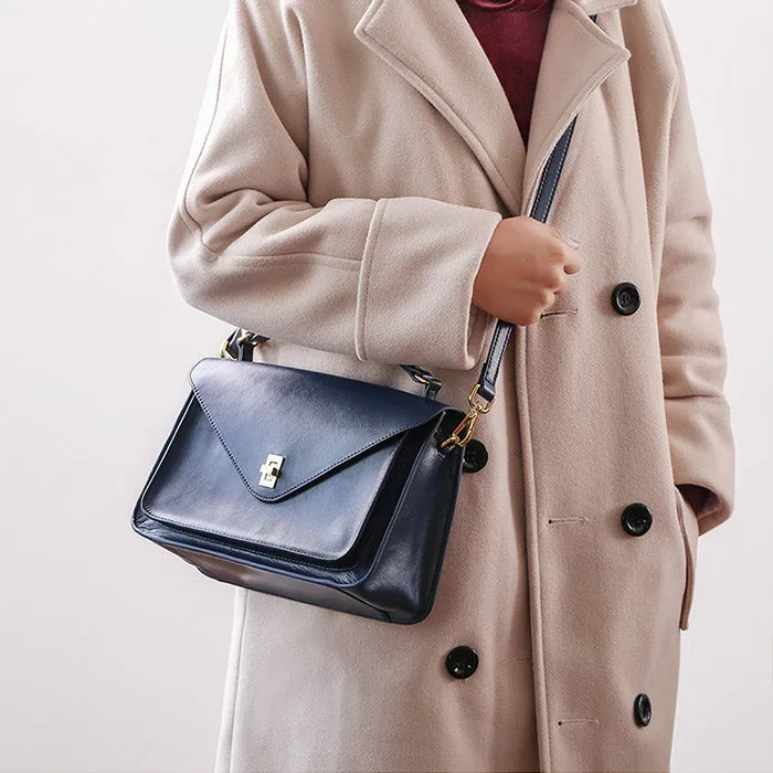 Womens Blue Leather Satchel Bag Crossbody Bags Purses for Women