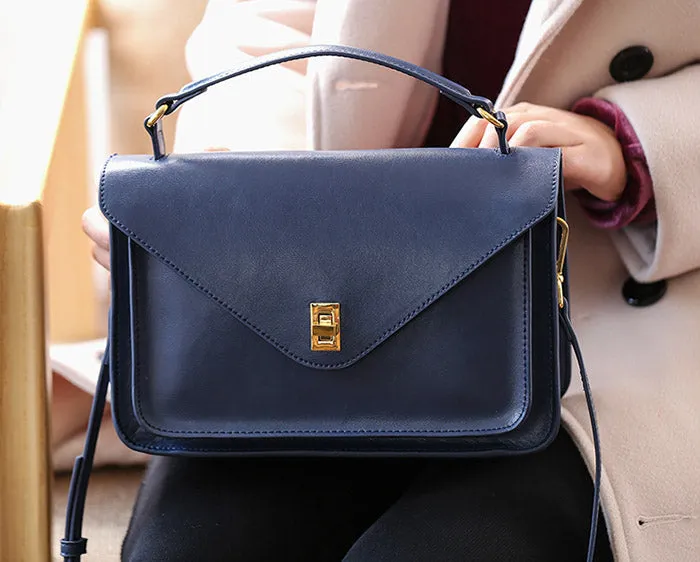 Womens Blue Leather Satchel Bag Crossbody Bags Purses for Women