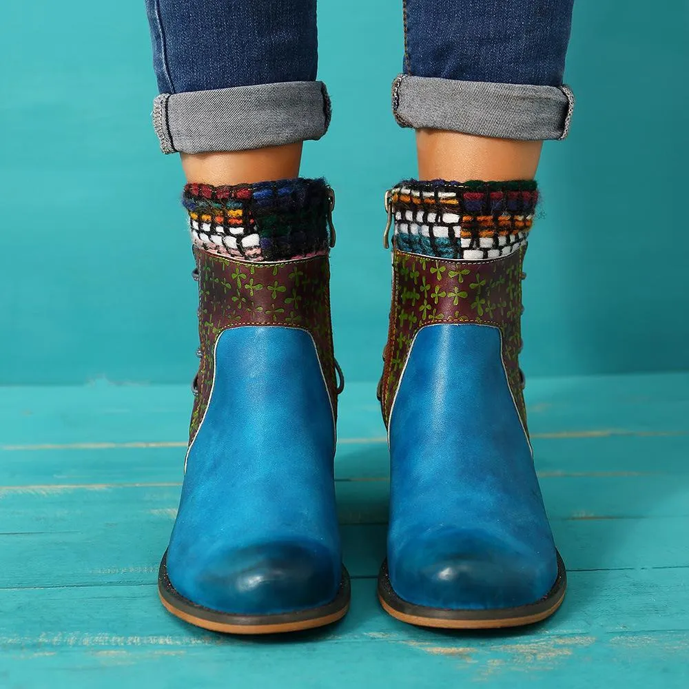 Women's vintage ethnic chunky block heel ankle boots knit cuff cotton lining boots
