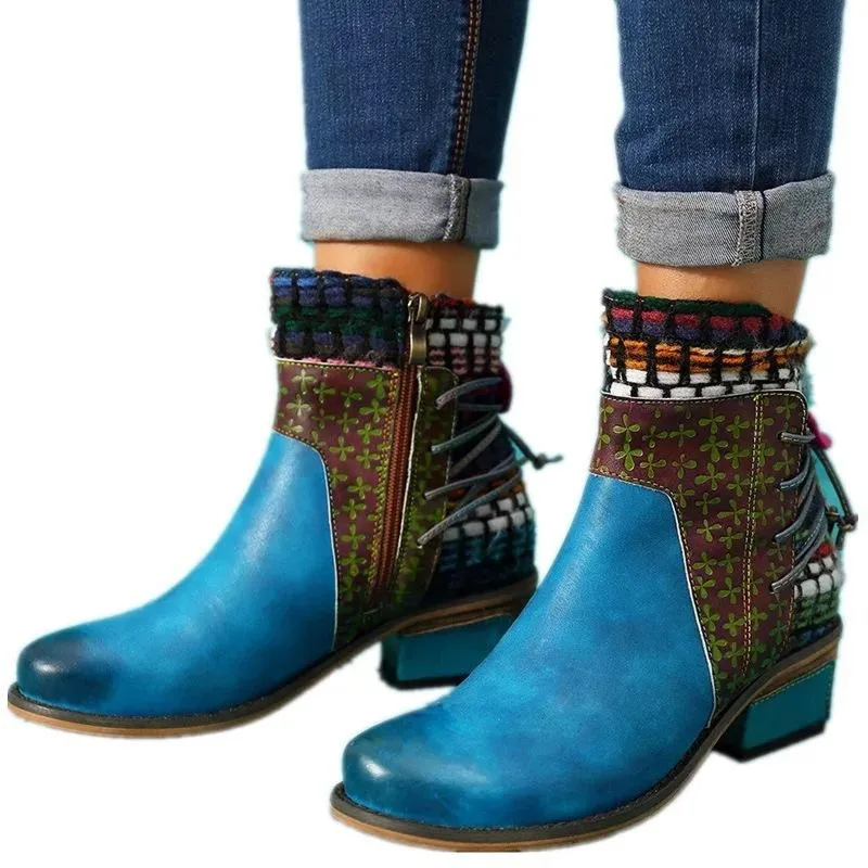 Women's vintage ethnic chunky block heel ankle boots knit cuff cotton lining boots