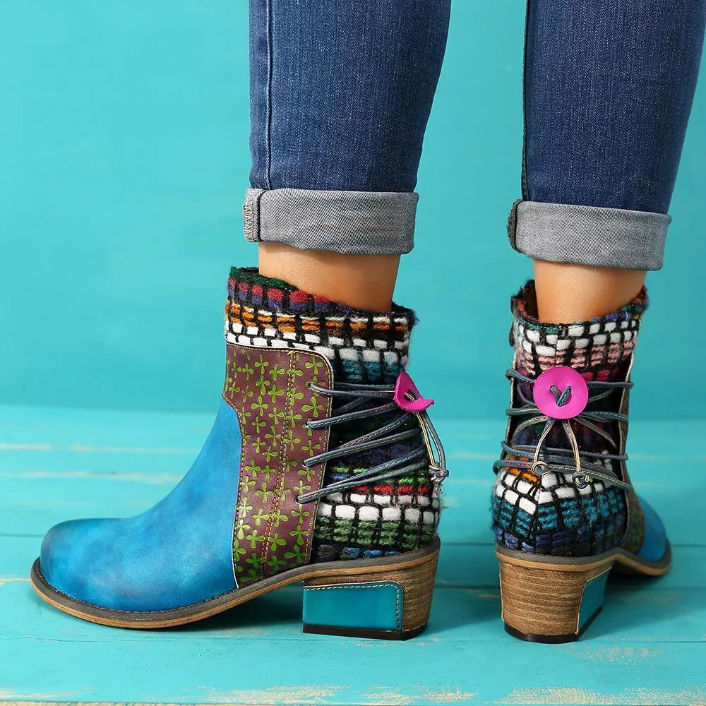 Women's vintage ethnic chunky block heel ankle boots knit cuff cotton lining boots