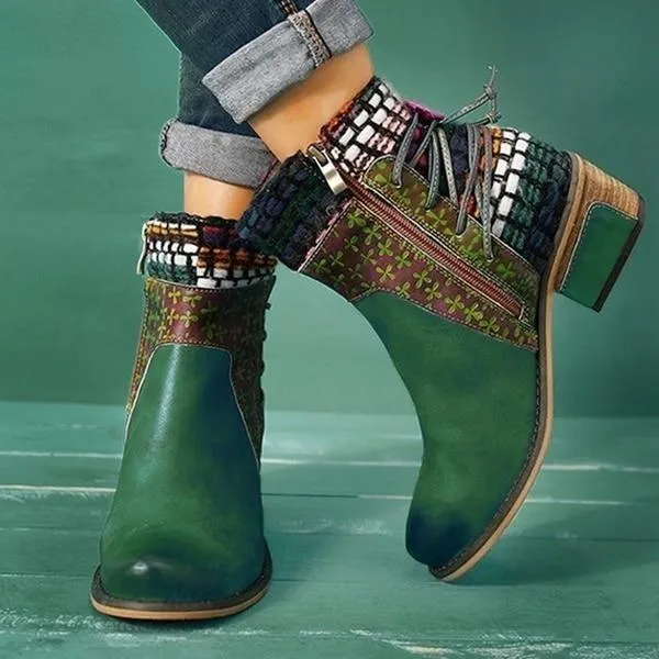 Women's vintage ethnic chunky block heel ankle boots knit cuff cotton lining boots