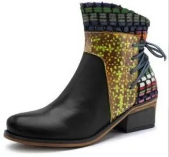 Women's vintage ethnic chunky block heel ankle boots knit cuff cotton lining boots