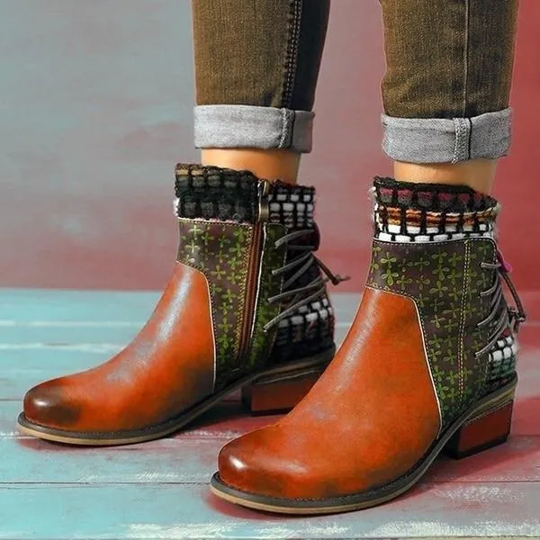 Women's vintage ethnic chunky block heel ankle boots knit cuff cotton lining boots