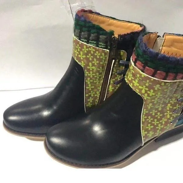 Women's vintage ethnic chunky block heel ankle boots knit cuff cotton lining boots