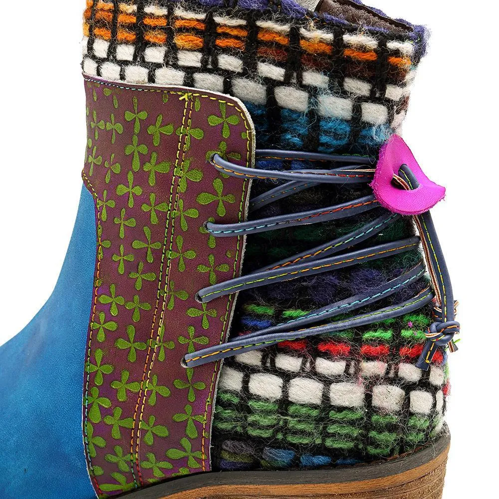 Women's vintage ethnic chunky block heel ankle boots knit cuff cotton lining boots