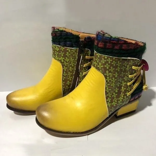 Women's vintage ethnic chunky block heel ankle boots knit cuff cotton lining boots