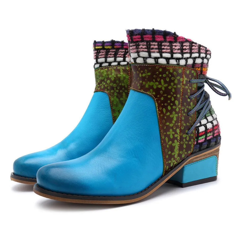 Women's vintage ethnic chunky block heel ankle boots knit cuff cotton lining boots